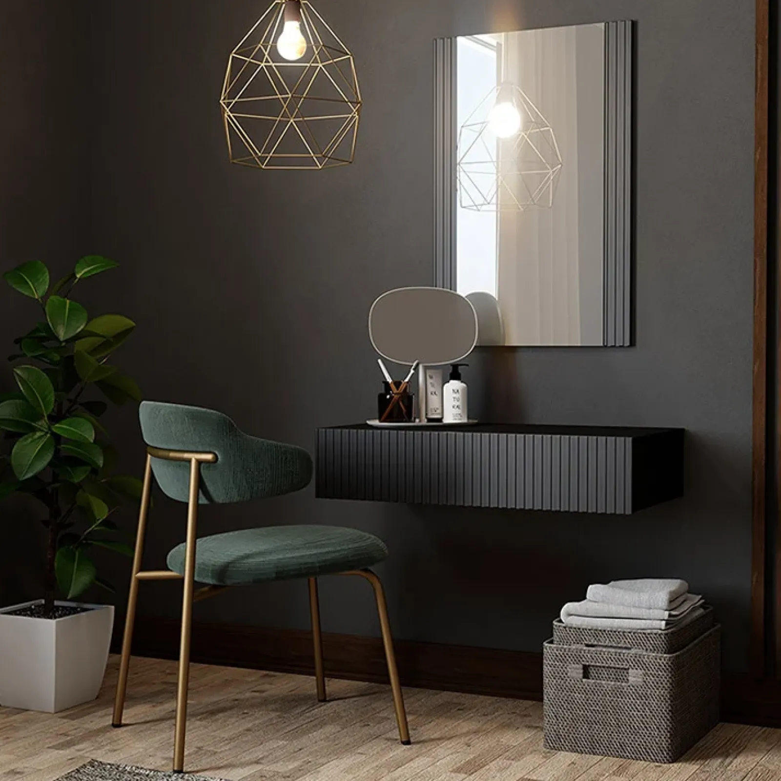 Garnero Arredamenti Mobili Ingresso Sospesi|Mobili Ingresso-Mobile ingresso sospeso 80x97h cm con specchio cannettato nero Essence Nero Lucido