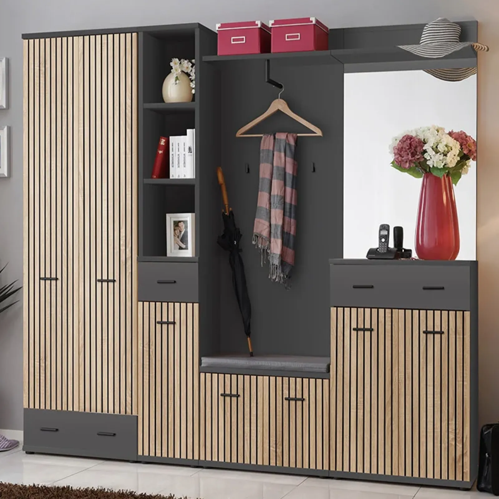 Garnero Arredamenti Mobili Ingresso Appendiabiti|Mobili Ingresso-Mobile ingresso 210x203h cm con specchio rovere antracite stampa a righe California Gihome® Antracite - Rovere