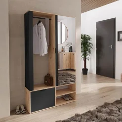 Garnero Arredamenti Mobili Ingresso Appendiabiti|Mobili Ingresso-Mobile ingresso 100x190h cm con specchio rovere nero Umea Rovere - Nero opaco