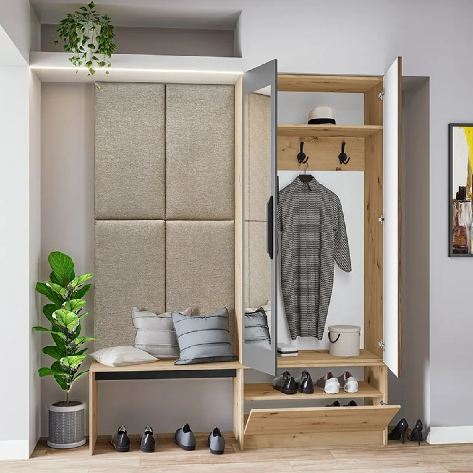 Garnero Arredamenti Mobili Ingresso Appendiabiti|Mobili Ingresso-Mobile ingresso 160x202h cm con specchio rovere chiaro Canada