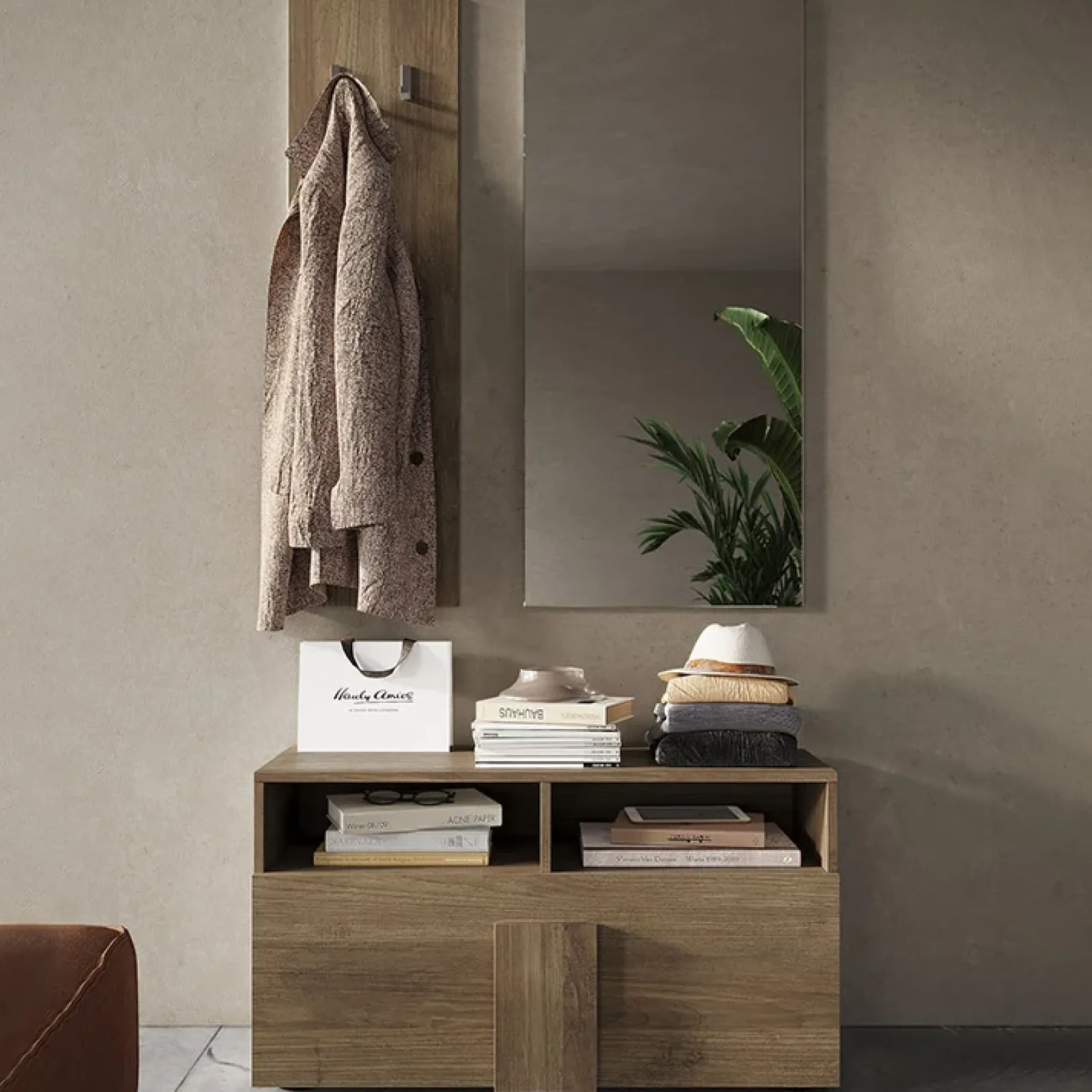 Garnero Arredamenti Mobili Ingresso Appendiabiti|Mobili Ingresso-Mobile ingresso 91x174h cm con scarpiera e specchio moderno rovere scuro Alvarez