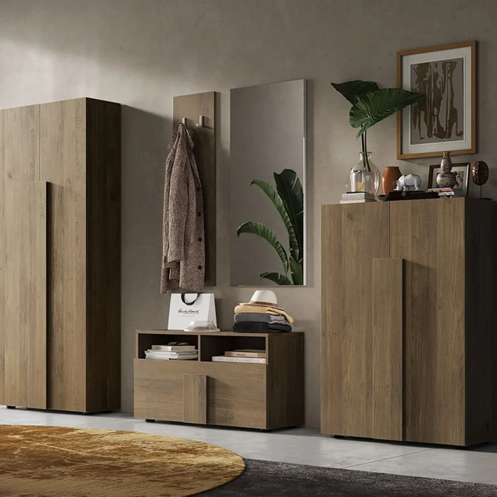 Garnero Arredamenti Mobili Ingresso Appendiabiti|Mobili Ingresso-Mobile ingresso 91x174h cm con scarpiera e specchio moderno rovere scuro Alvarez