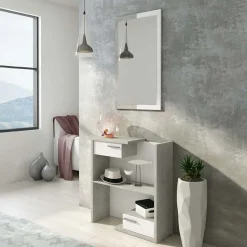 Garnero Arredamenti Mobili Ingresso-Mobile ingresso 83x190h cm con specchio cemento bianco frassinato Tesla