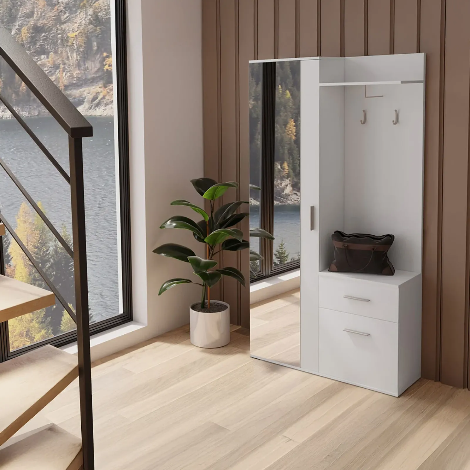 Garnero Arredamenti Mobili Ingresso Appendiabiti|Mobili Ingresso-Mobile ingresso 97x195h cm con attaccapanni e specchio Zefira Bianco