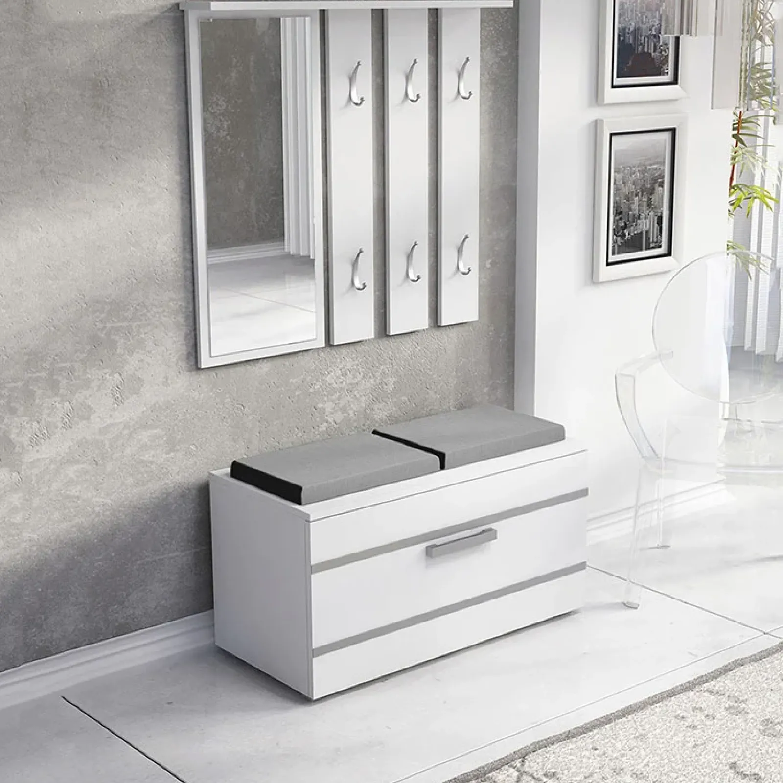 Garnero Arredamenti Mobili Ingresso Appendiabiti|Mobili Ingresso-Mobile ingresso 85x137h cm con specchio bianco grigio Anibal Bianco Opaco