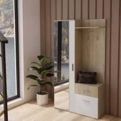 Garnero Arredamenti Mobili Ingresso Appendiabiti|Mobili Ingresso-Mobile ingresso 97x195h cm con attaccapanni e specchio sonoma bianco Zefira Rovere - Bianco