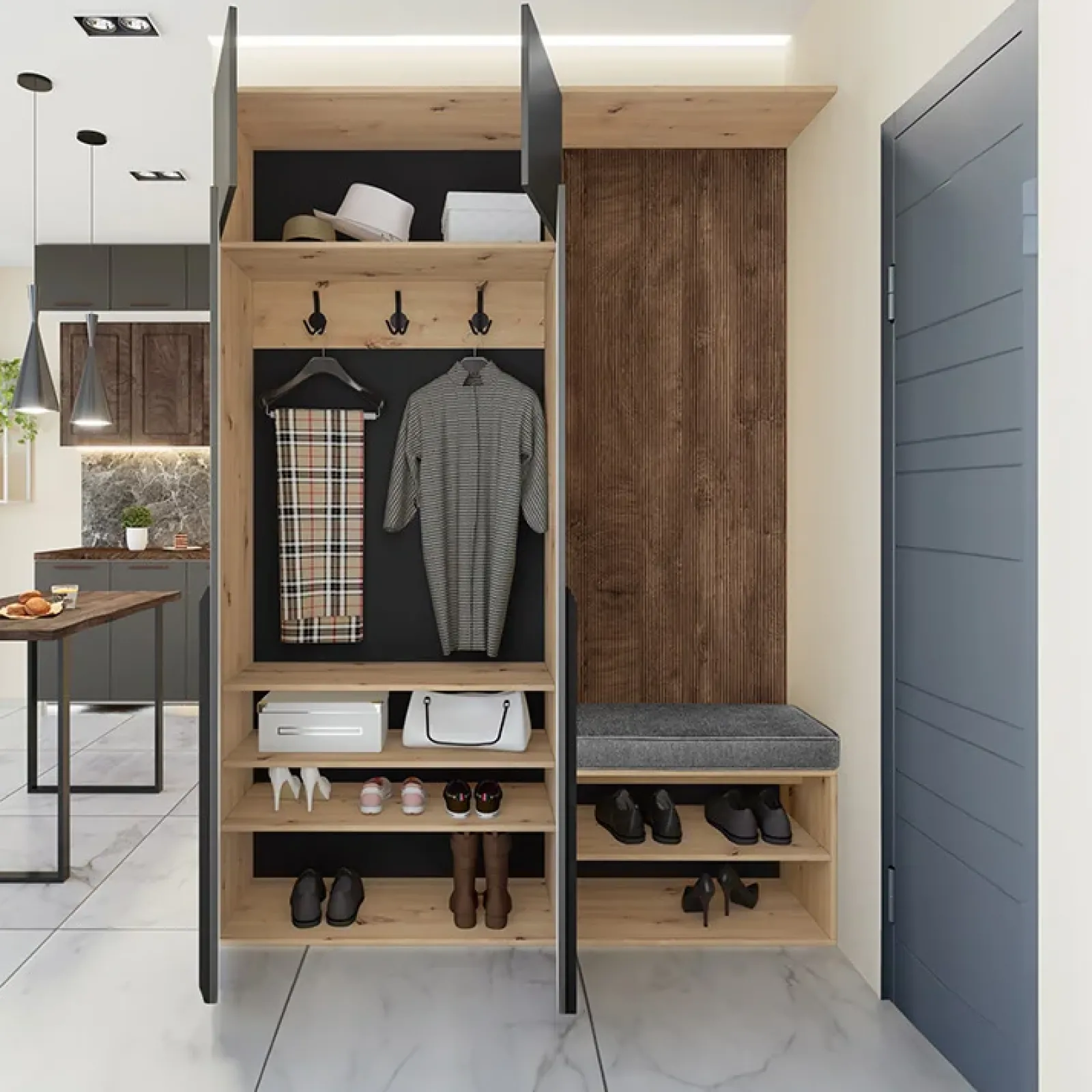 Garnero Arredamenti Mobili Ingresso Appendiabiti|Mobili Ingresso-Mobile ingresso 160x221h cm nero opaco rovere scuro Acerbo