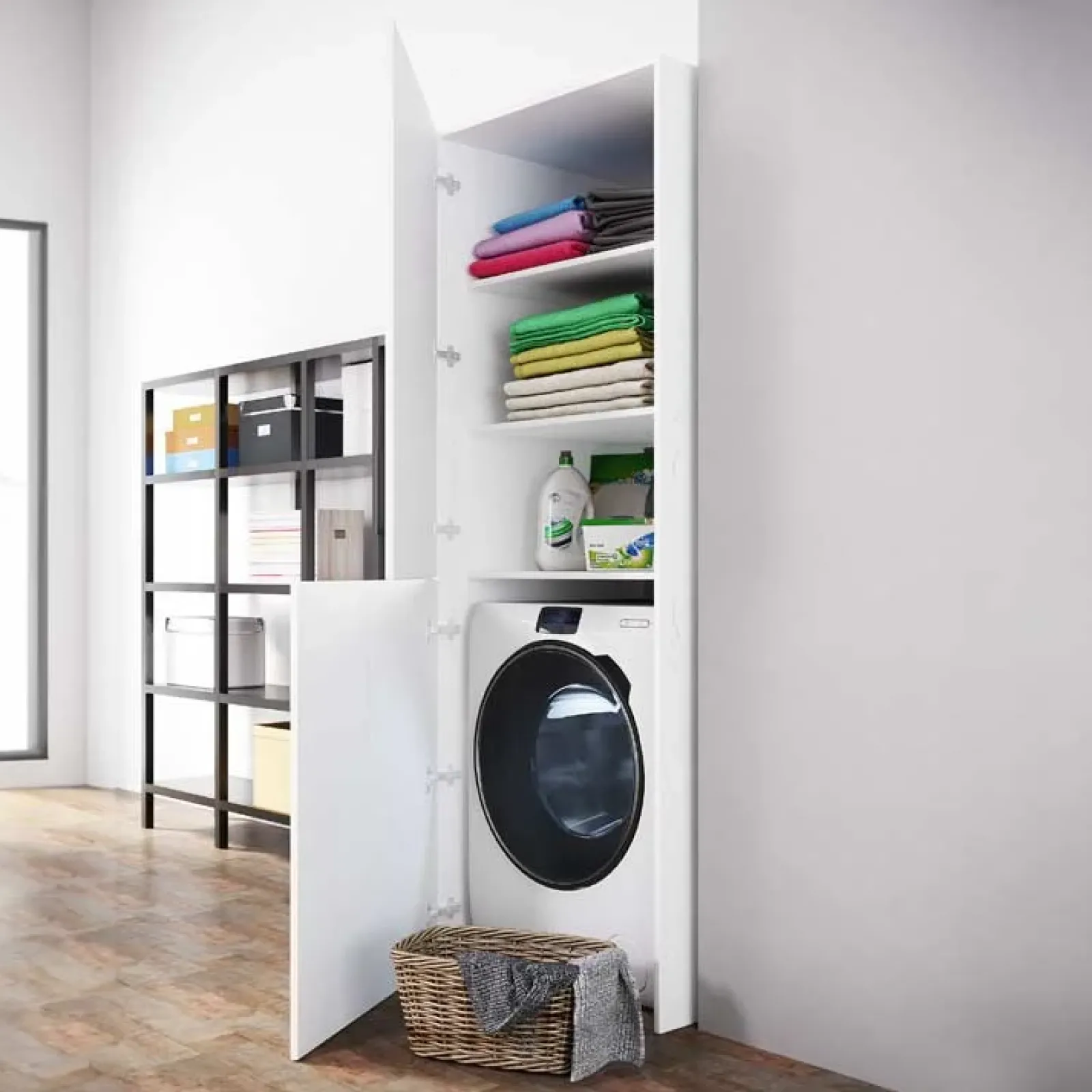 Garnero Arredamenti Mobili Lavanderia-Mobile lavatrice 70x180h cm 2 ante e ripiani Wash Bianco Opaco