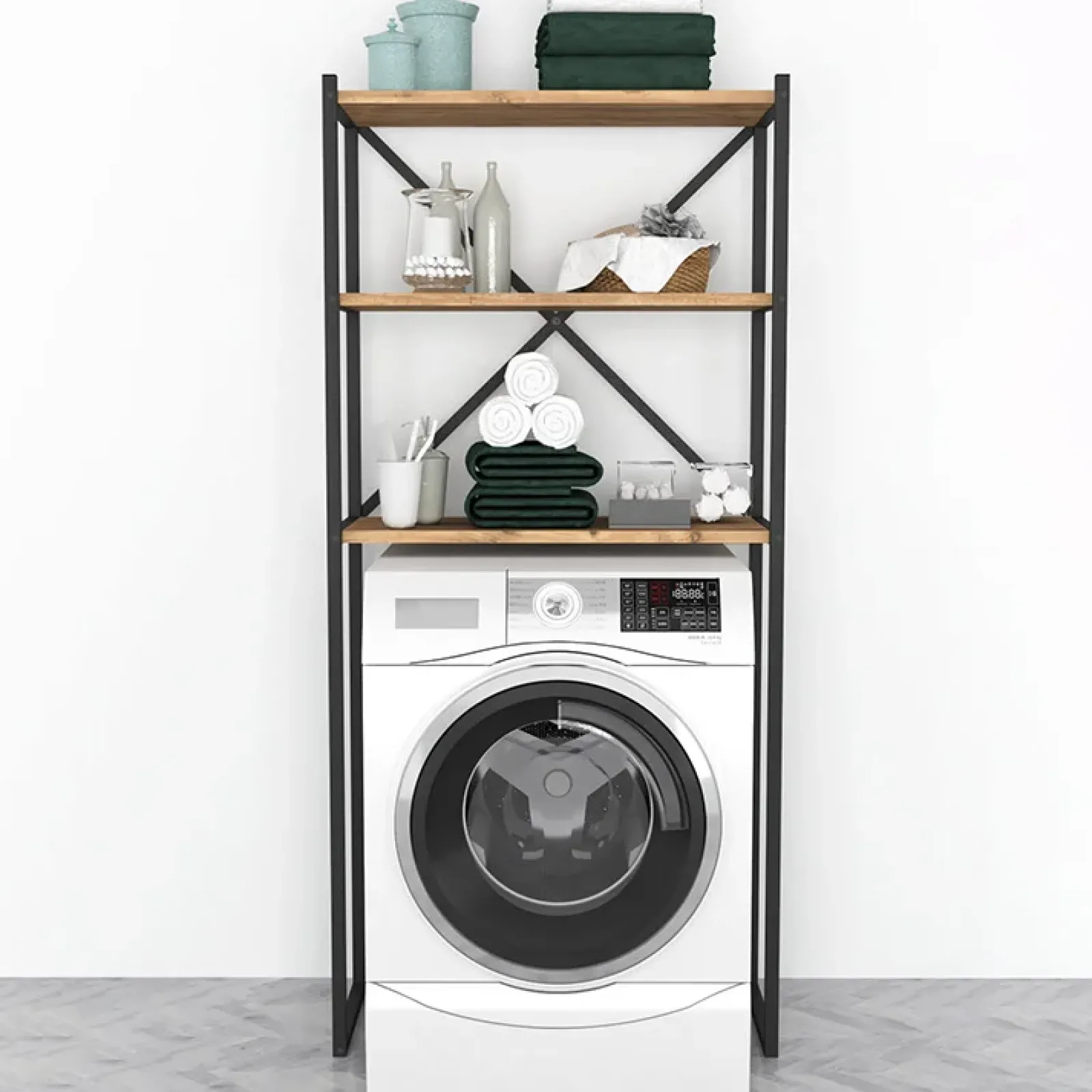 Garnero Arredamenti Mobili Lavanderia-Mobile lavatrice 66x160h cm industrial metallo Canarie Rovere