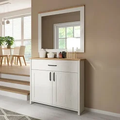 Garnero Arredamenti Mobili Multiuso|Credenze Moderne-Mobile multiuso 102x99h cm 2 ante 1 cassetto scandinava bianco frassinato rovere Lars