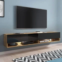 Garnero Arredamenti Mobile Tv Sospeso|Mobili Tv Moderni-Mobile porta TV sospeso 180x30h cm con LED rovere nero Gregoria Rovere - Nero Lucido