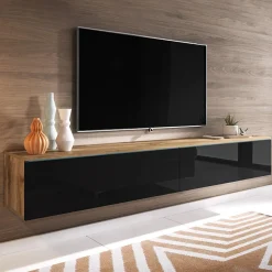 Garnero Arredamenti Mobile Tv Sospeso|Mobili Tv Moderni-Mobile porta TV sospeso 180x30h cm 2 ante design nero lucido rovere Silvia Rovere - Nero Lucido