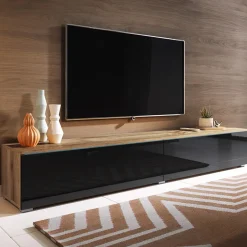 Garnero Arredamenti Mobile Tv Sospeso|Mobili Tv Moderni-Mobile porta TV sospeso 180x30h cm 2 ante design nero lucido rovere Silvia Rovere - Nero Lucido