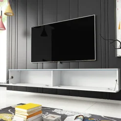 Garnero Arredamenti Mobile Tv Sospeso|Mobili Tv Moderni-Mobile porta TV sospeso 180x30h cm design 2 ante Silvia Bianco Lucido