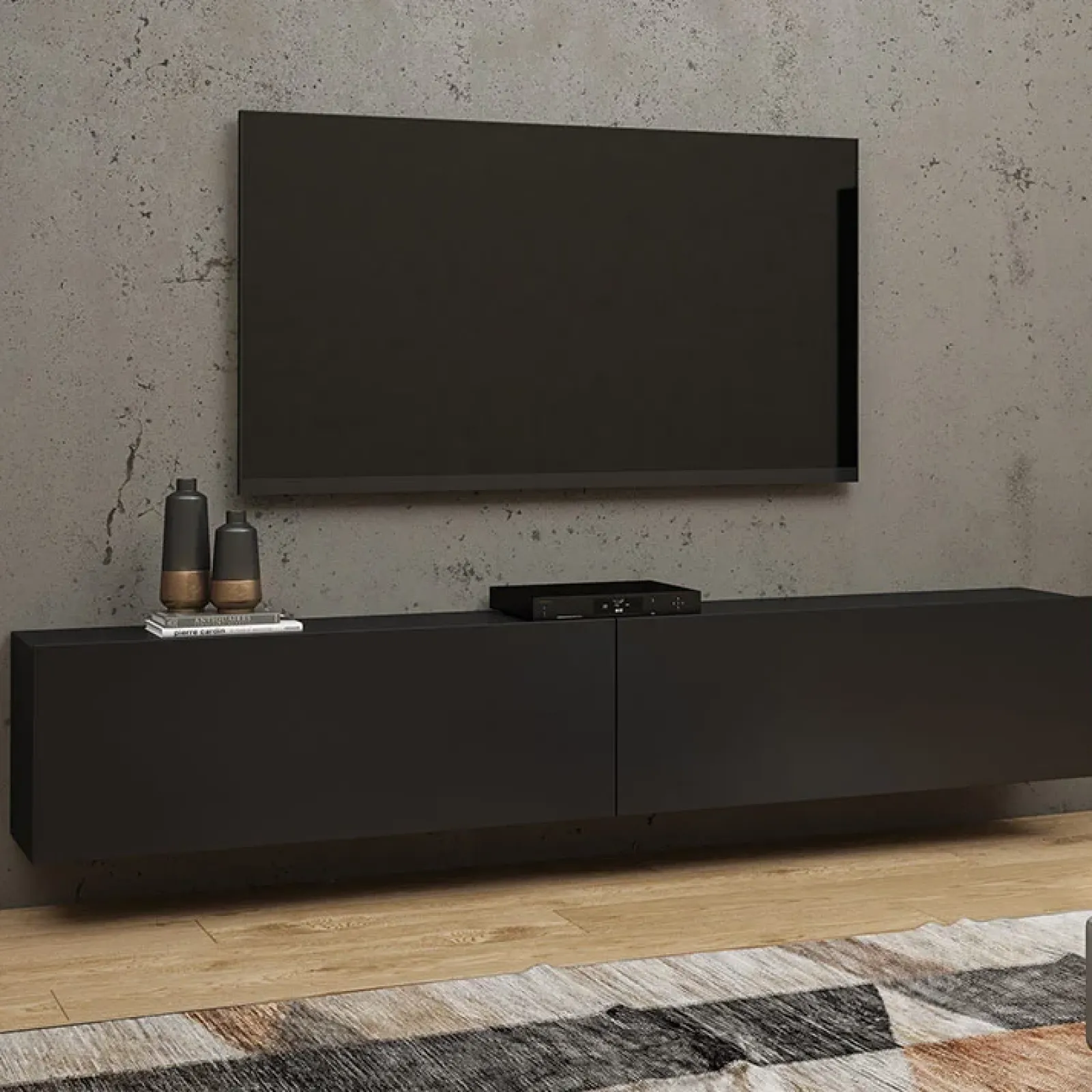 Garnero Arredamenti Mobile Tv Sospeso|Mobili Tv Moderni-Mobile porta TV sospeso 180x35h cm nero Fusion Nero Opaco