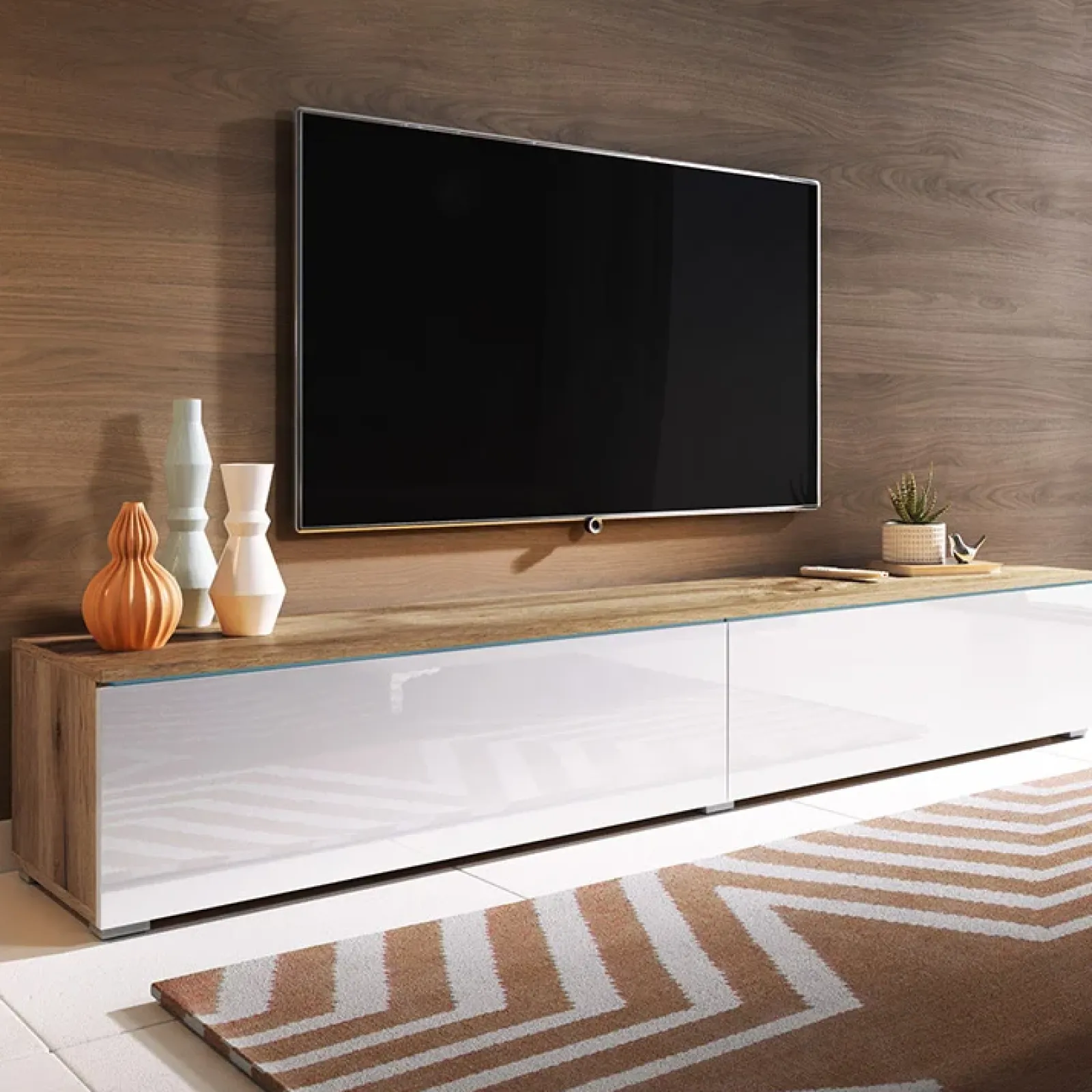 Garnero Arredamenti Mobile Tv Sospeso|Mobili Tv Moderni-Mobile porta TV sospeso 180x30h cm 2 ante design bianco lucido rovere Silvia Rovere - Bianco Lucido