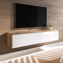 Garnero Arredamenti Mobile Tv Sospeso|Mobili Tv Moderni-Mobile porta TV sospeso 140x30h cm 2 ante design rovere bianco lucido Silvia Bianco Lucido - Rovere