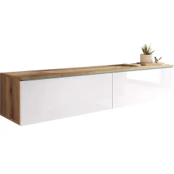 Garnero Arredamenti Mobile Tv Sospeso|Mobili Tv Moderni-Mobile porta TV sospeso 140x30h cm 2 ante design rovere bianco lucido Silvia Bianco Lucido - Rovere