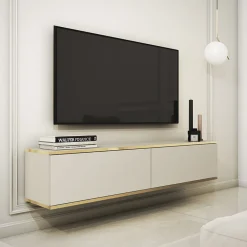 Garnero Arredamenti Mobile Tv Sospeso-Mobile porta TV sospeso 135x30h cm 2 ante moderno beige oro Linus Beige - Oro