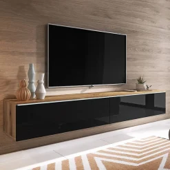 Garnero Arredamenti Mobile Tv Sospeso|Mobili Tv Moderni-Mobile porta TV sospeso 180x30h cm con LED nero lucido rovere Silvia Rovere - Nero Lucido