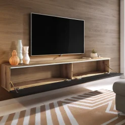 Garnero Arredamenti Mobile Tv Sospeso|Mobili Tv Moderni-Mobile porta TV sospeso 180x30h cm con LED nero lucido rovere Silvia Rovere - Nero Lucido