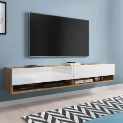 Garnero Arredamenti Mobile Tv Sospeso|Mobili Tv Moderni-Mobile porta TV sospeso 180x30h cm 2 ante rovere bianco Gregoria Bianco Lucido - Rovere