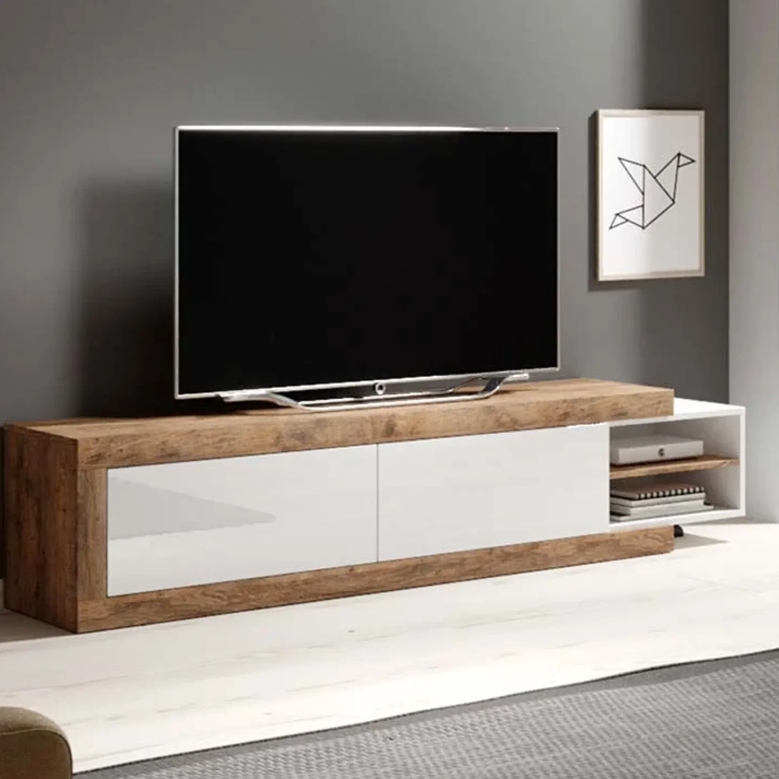 Garnero Arredamenti Mobile Tv In Legno|Mobile Tv Basso-Mobile porta TV 200/242x 44h cm 2 ante moderno estraibile  bianco lucido rovere Aria