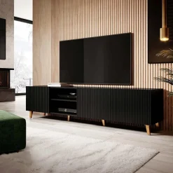 Garnero Arredamenti Mobile Tv Basso|Mobili Tv Moderni-Mobile porta TV 201x52cm 4 ante cannettato nero Essence Nero Opaco