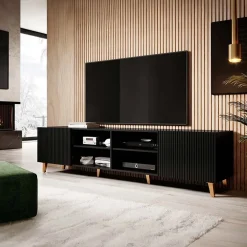 Garnero Arredamenti Mobile Tv Basso|Mobili Tv Moderni-Mobile porta TV 201x52cm 4 ante cannettato nero Essence Nero Opaco