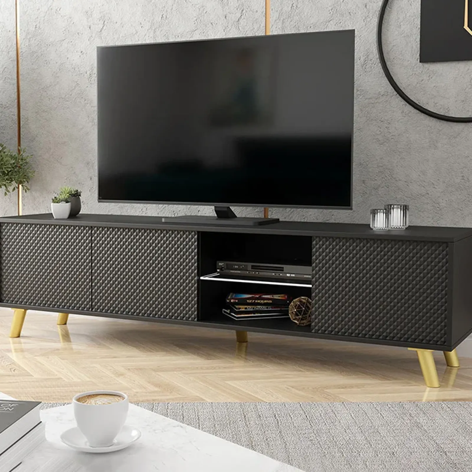 Garnero Arredamenti Mobile Tv Basso|Mobili Tv Moderni-Mobile porta tv 175x42cm 2 vani a giorno 3 ante nero Nyborg