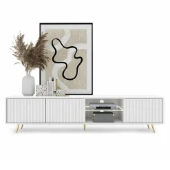 Garnero Arredamenti Mobile Tv Basso|Mobili Tv Moderni-Mobile porta TV 175x45h cm 3 ante e vano a giorno bianco cannettato oro Celestia Bianco Opaco