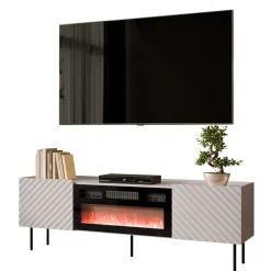 Garnero Arredamenti Camino Elettrico|Mobile Tv Basso-Mobile porta TV 181x59h cm 2 ante con caminetto con frontali decorati Daniele Beige