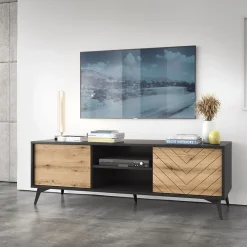 Garnero Arredamenti Mobile Tv Basso|Mobili Tv Moderni-Mobile porta tv 154x50h cm 2 ante moderno quercia nero Becca