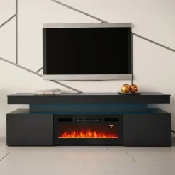 Garnero Arredamenti Camino Elettrico|Mobile Tv Basso-Mobile porta TV 190x59h cm 2 ante con caminetto con LED nero Lumus Nero Lucido