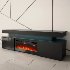 Garnero Arredamenti Camino Elettrico|Mobile Tv Basso-Mobile porta TV 190x59h cm 2 ante con caminetto con LED nero Lumus Nero Lucido