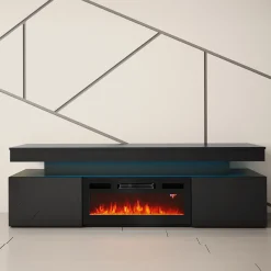 Garnero Arredamenti Camino Elettrico|Mobile Tv Basso-Mobile porta TV 190x59h cm 2 ante con caminetto con LED nero Lumus Nero Lucido