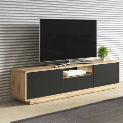 Garnero Arredamenti Mobile Tv In Legno|Mobile Tv Basso-Mobile porta tv 180x45h cm 2 ante 1 cassetto nero opaco rovere Esmond