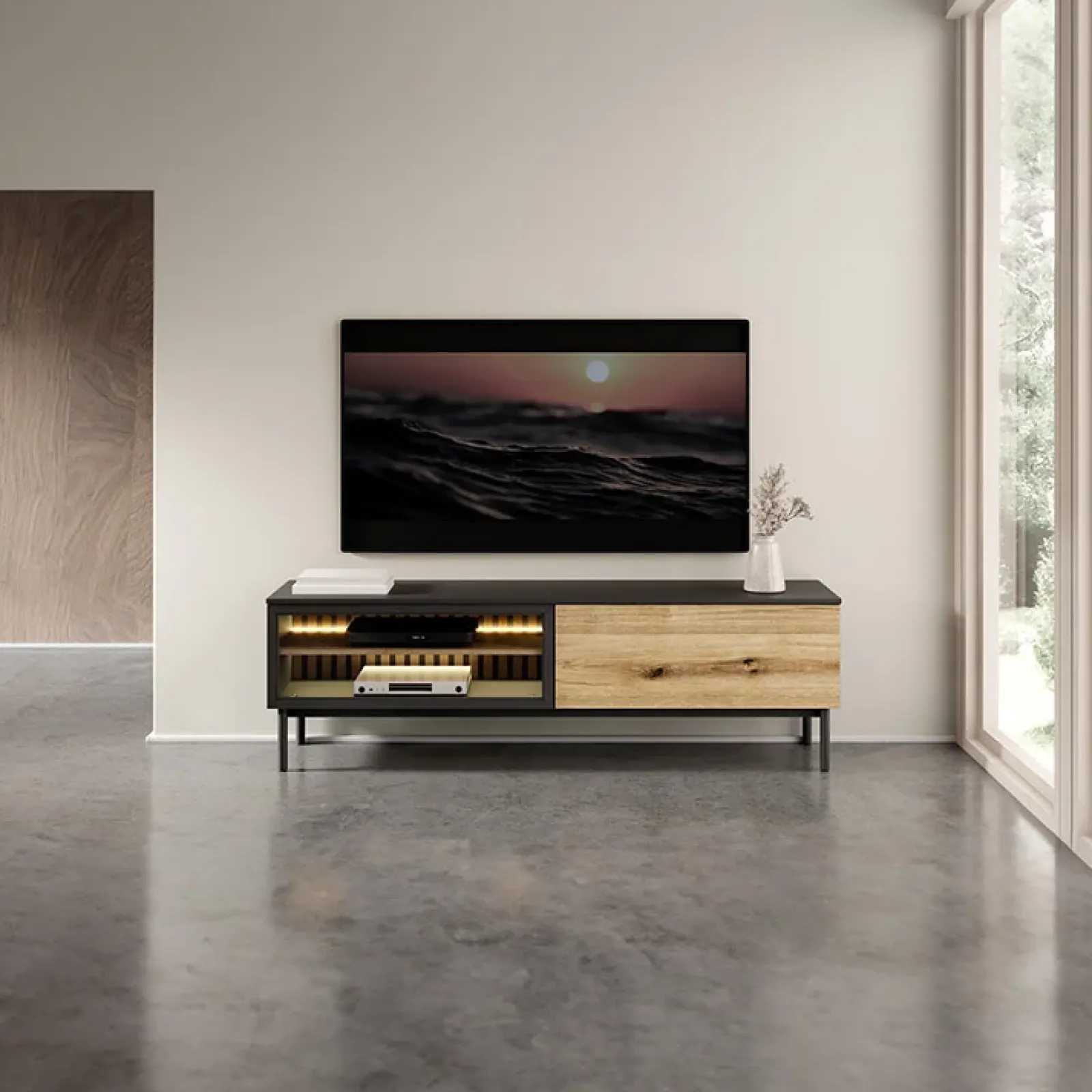 Garnero Arredamenti Mobile Tv Basso-Mobile porta TV 180x55h cm 2 ante con led nero opaco rovere Amel