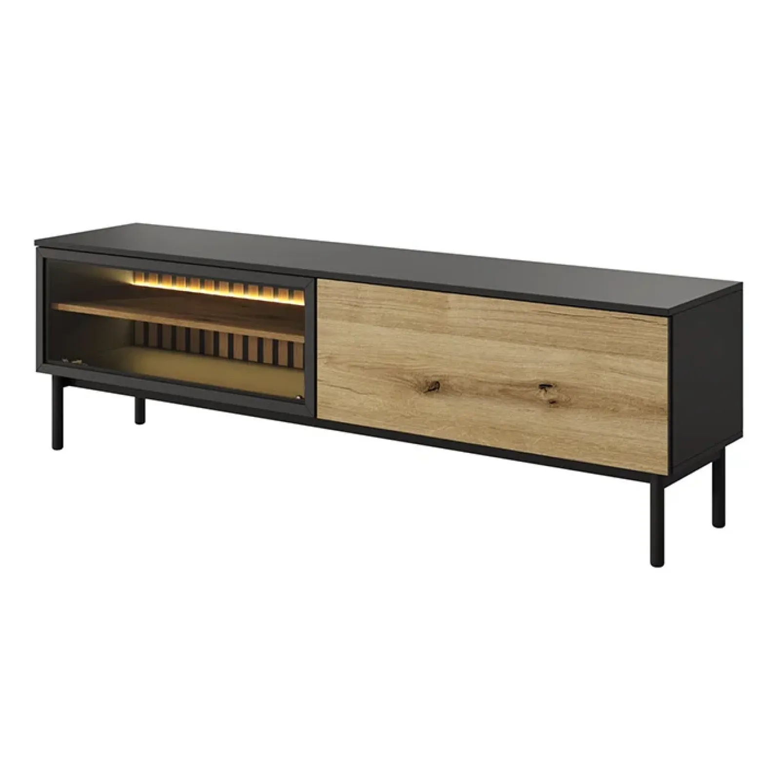 Garnero Arredamenti Mobile Tv Basso-Mobile porta TV 180x55h cm 2 ante con led nero opaco rovere Amel