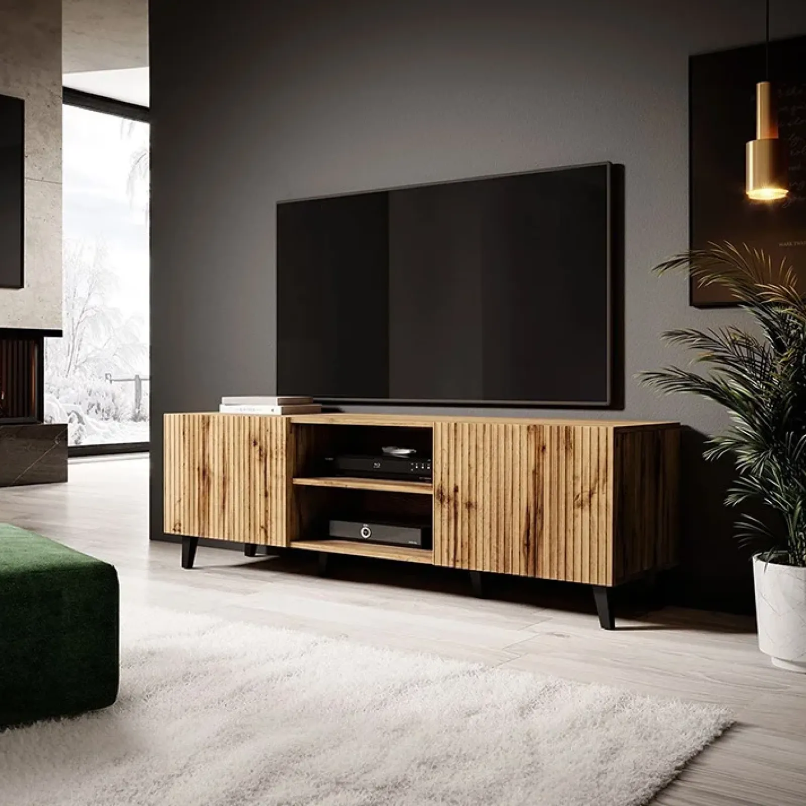 Garnero Arredamenti Mobile Tv Basso|Mobili Tv Moderni-Mobile porta TV 150x52h cm 2 ante cannettato Essence Quercia