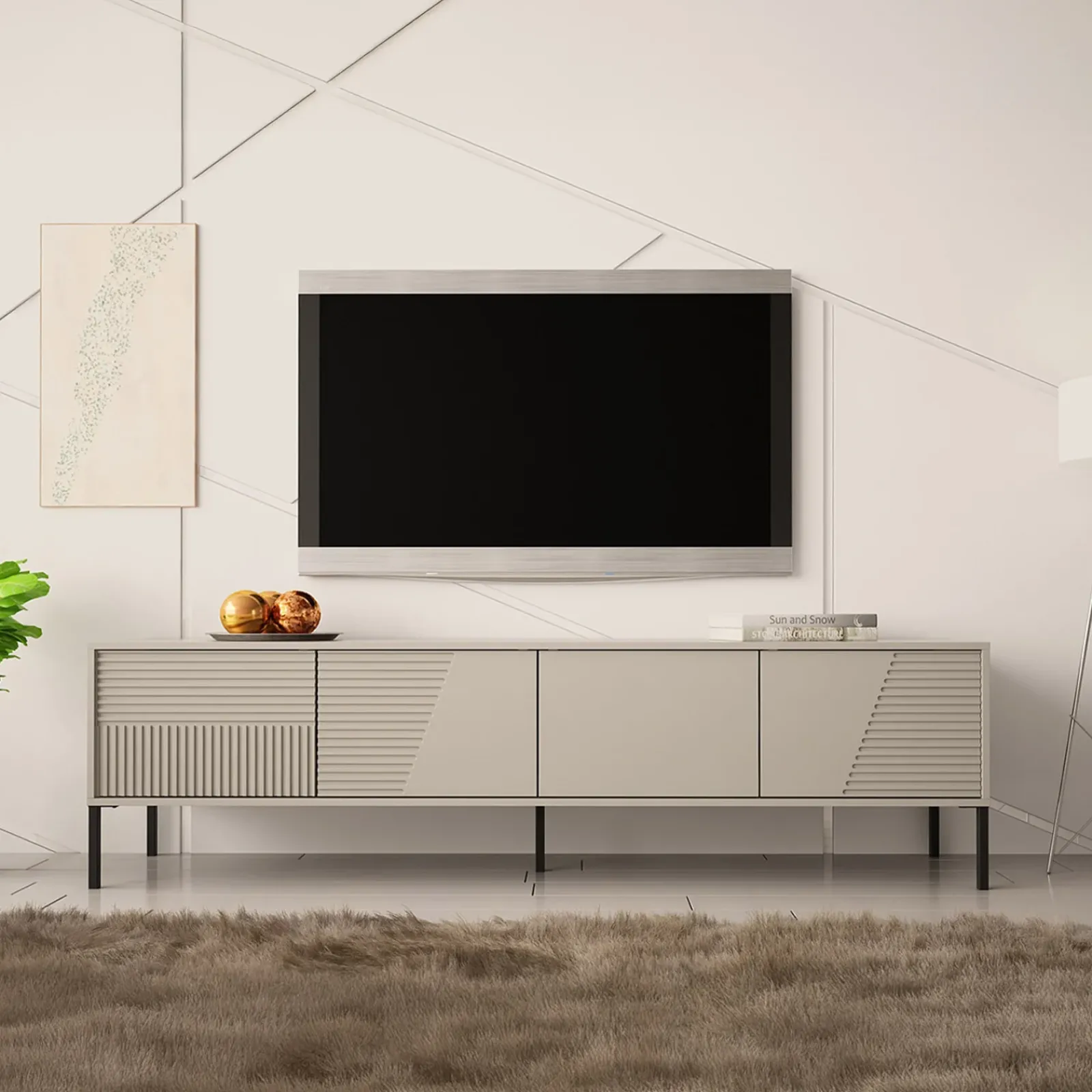 Garnero Arredamenti Mobili Tv Moderni|Mobile Tv Moderno-Mobile porta tv 190x53h cm 4 ante cannettato beige Diana