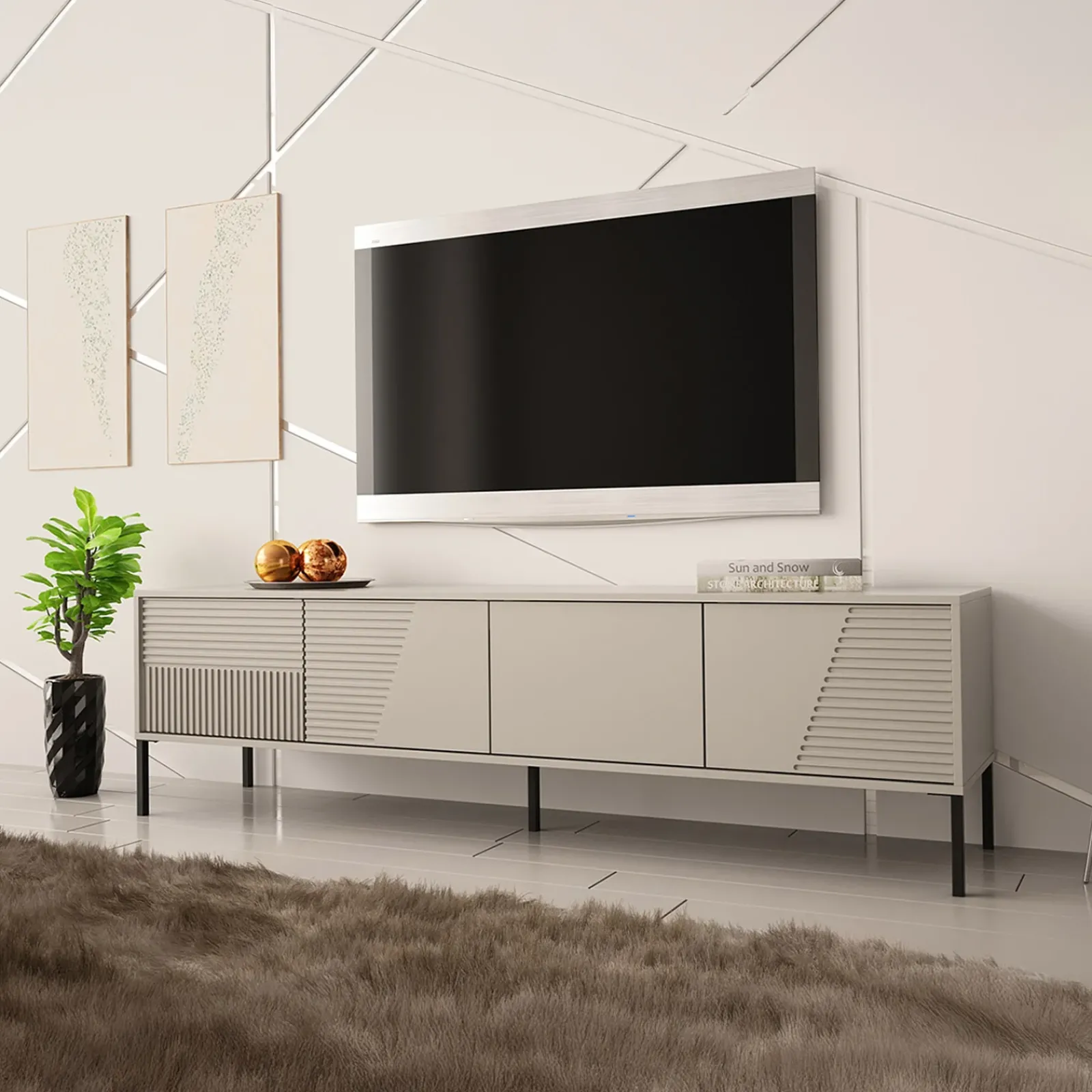 Garnero Arredamenti Mobili Tv Moderni|Mobile Tv Moderno-Mobile porta tv 190x53h cm 4 ante cannettato beige Diana