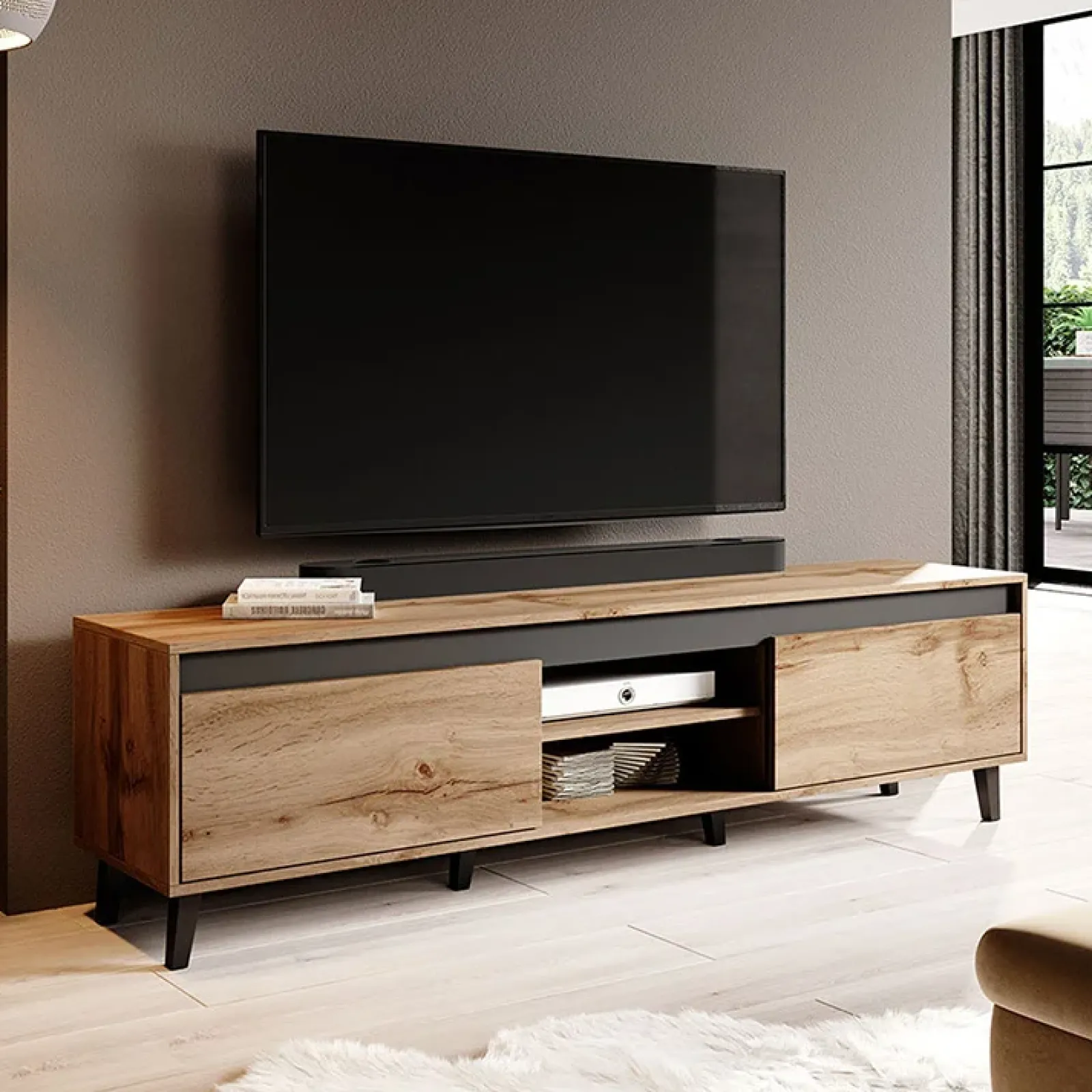 Garnero Arredamenti Mobile Tv Basso|Mobili Tv Moderni-Mobile porta TV 170x49h cm 2 ante 2 vani a giorno rovere antracite Salisburgo