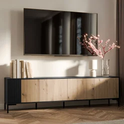 Garnero Arredamenti Mobile Tv Basso|Mobili Tv Moderni-Mobile porta TV 200x54h cm 4 ante rovere nero Duble