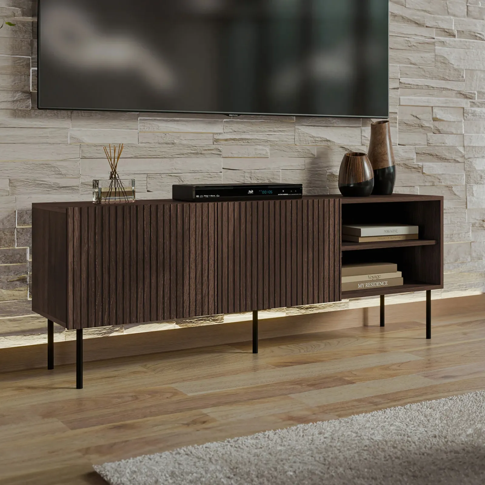 Garnero Arredamenti Mobile Tv Basso|Mobili Tv Moderni-Mobile porta TV 150x58h cm 2 ante 2 vani noce cannettato Gabiot