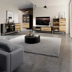 Garnero Arredamenti Mobile Tv Basso-Mobile porta TV 150x55h cm 2 ante con led nero opaco rovere Amel