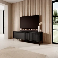 Garnero Arredamenti Mobile Tv Basso-Mobile porta TV 154x54h cm 2 ante cannettato Ciar Nero Opaco