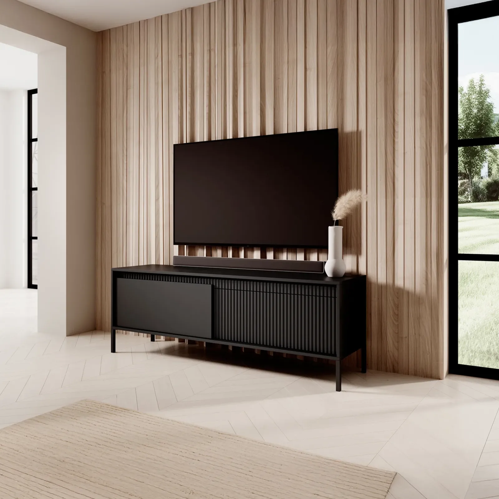 Garnero Arredamenti Mobile Tv Basso-Mobile porta TV 154x54h cm 2 ante cannettato Ciar Nero Opaco