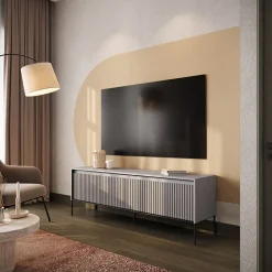 Garnero Arredamenti Mobili Tv Moderni|Mobile Tv Moderno-Mobile porta TV 193x56h cm 4 ante led cannettato nero Camelia Grigio