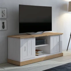 Garnero Arredamenti Mobili Tv Moderni|Mobile Tv Moderno-Mobile porta TV 145x60h cm 2 ante scorrevoli 2 vani a giorno bianco frassinato rovere Islen Bianco Opaco - Rovere